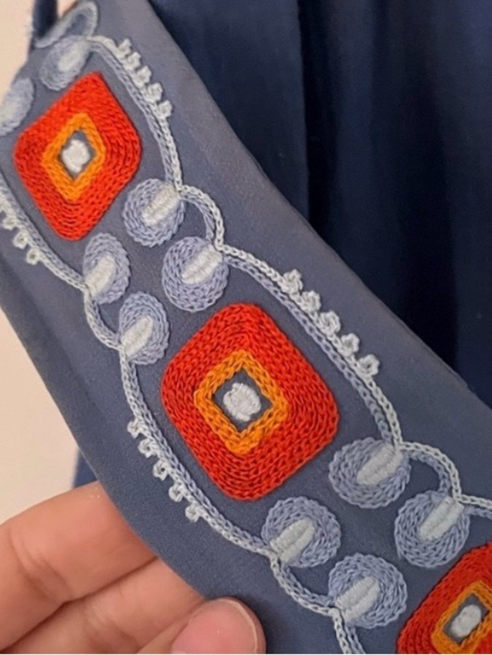 Tory Burch Cotton-Linen Blue Embroidered Tie Wait Dress - Picture 5 of 15